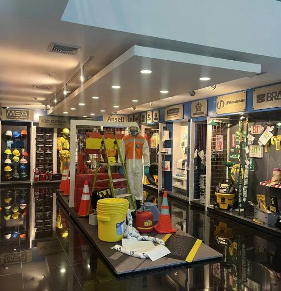 Exhibición de equipos de protección y seguridad industrial en el showroom de DEINSA